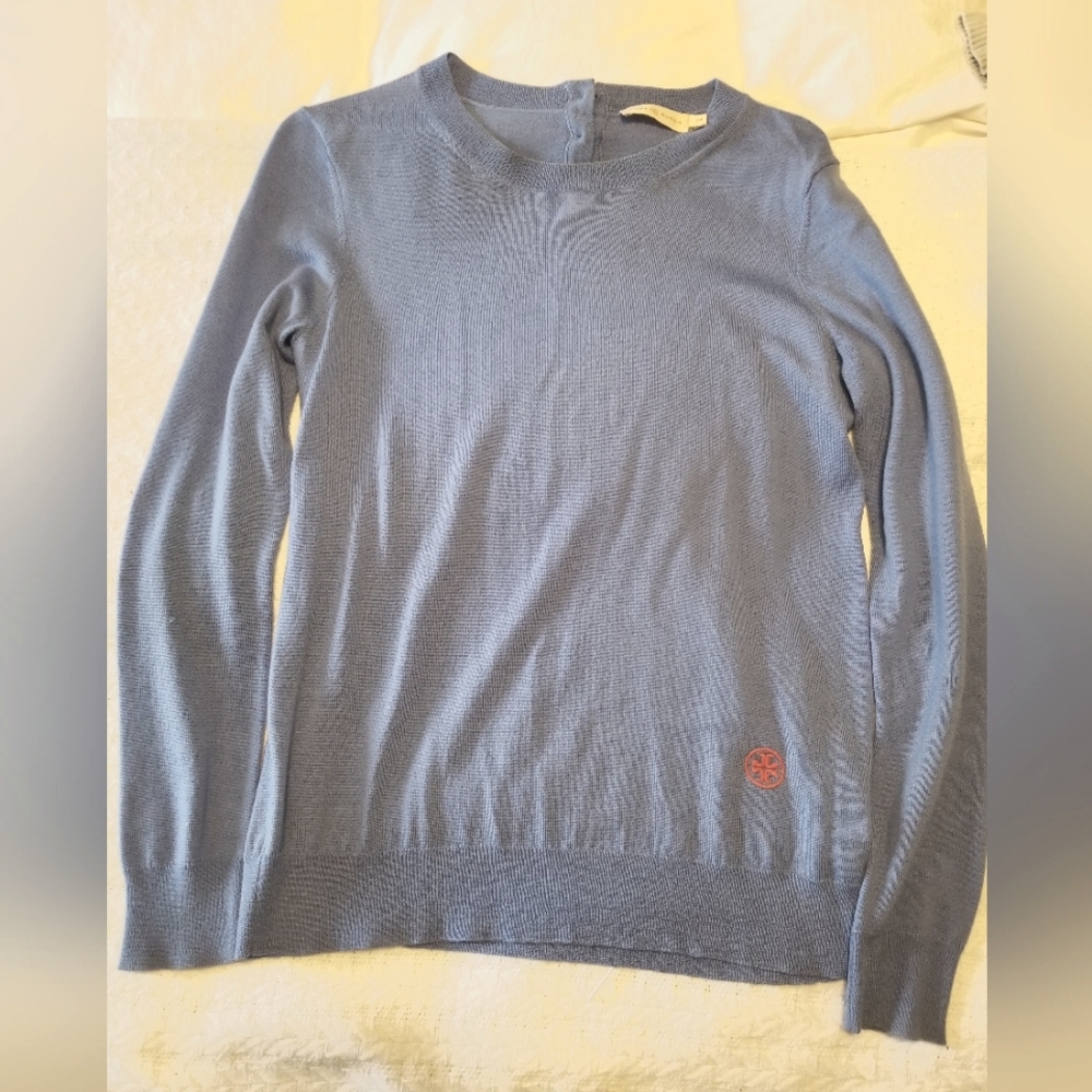 Tory Burch Light Blue Merino Wool Crewneck Sweater with Logo Patch